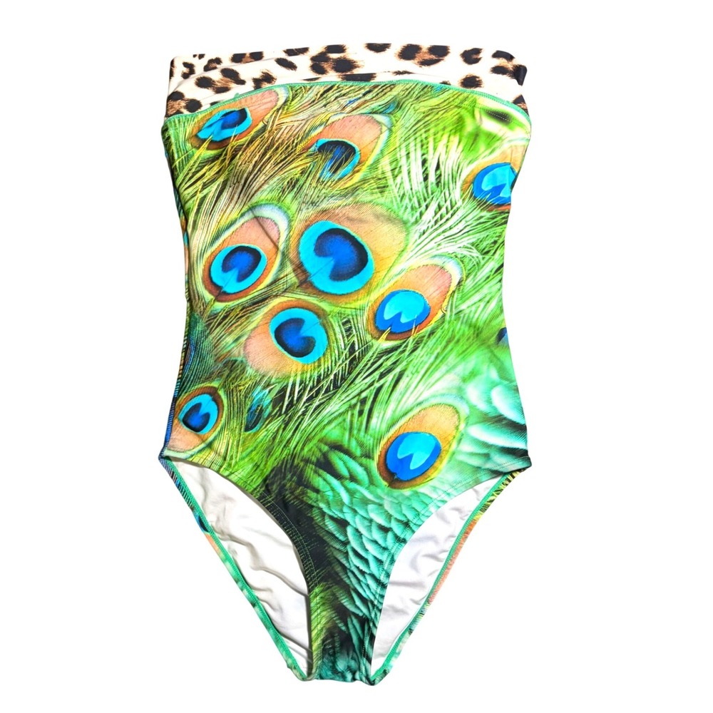 Y2K Vintage Deadstock Peacock Feather Leopard Print Strapless One Piece Swimsuit
